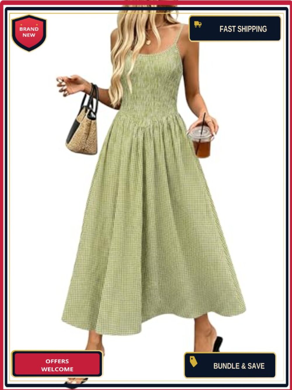 Women's Plaid Midi Sundress Sleeveless Smocked Tiered Beach Dress with Pockets